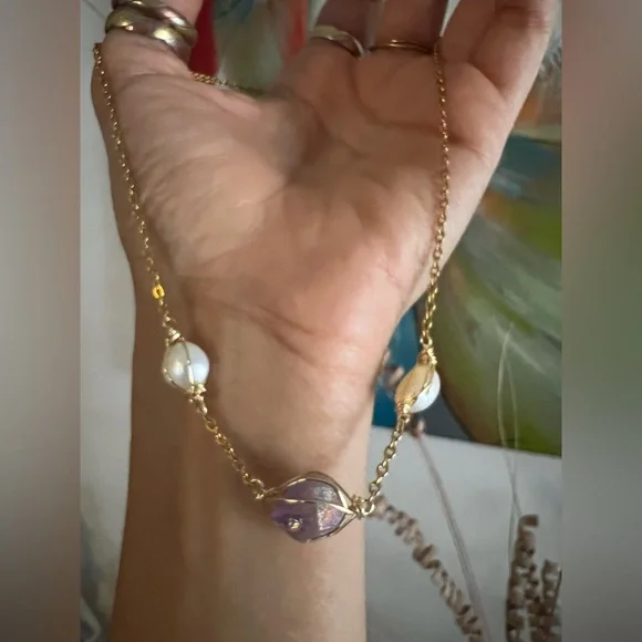 🌊Custom Aura Amethyst & Pearl Choker (15") - Picture 5 of 14